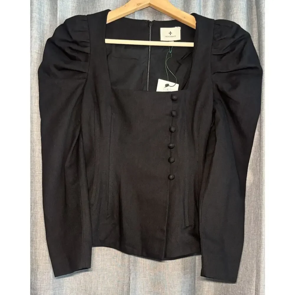 Tuckernuck NEW Black Calla Structured Puff Sleeve Princess Cut Blouse Xsmall